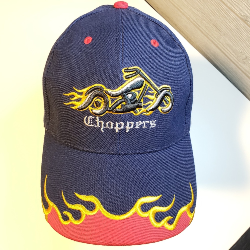 Choppers Motorcycle Navy Blue Flame Embroidered Baseball Cap Adjustable Hat Mens